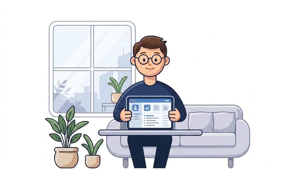 Ilustração de usuário relaxando no sofá com laptop